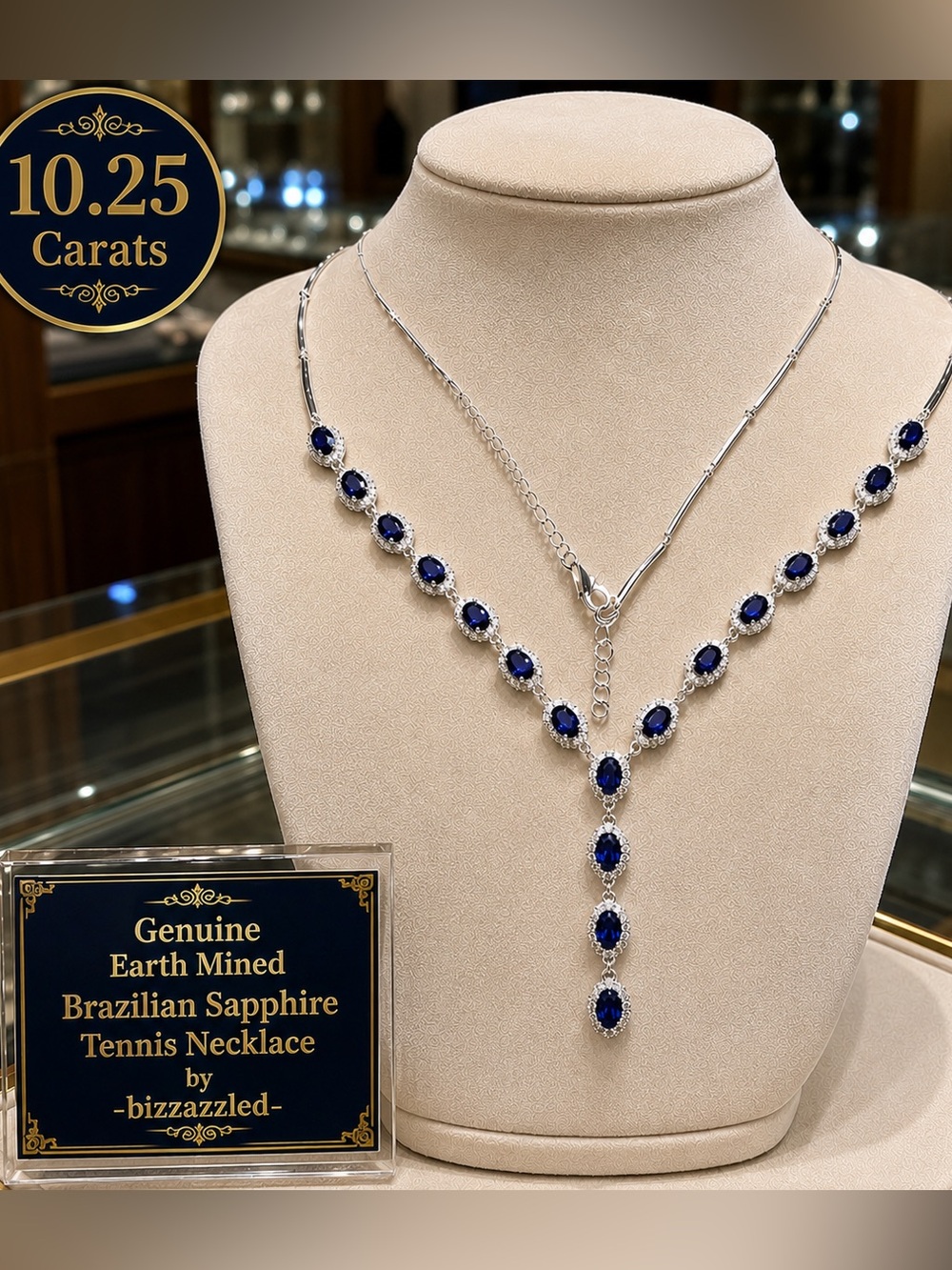 10ct Blue Sapphire Tennis Necklace white Sapphire 14k white Gold on 925 Silver